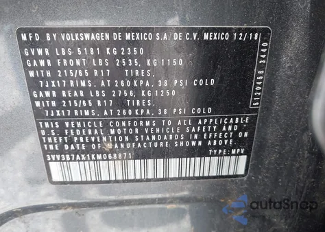 2019 Volkswagen Tiguan 2.0T Se/2.0T Sel/2.0T Sel R-Line/2.0T Sel R-Line Black z USA, uszkodzony, nr VIN 3VV3B7AX1KM068871
